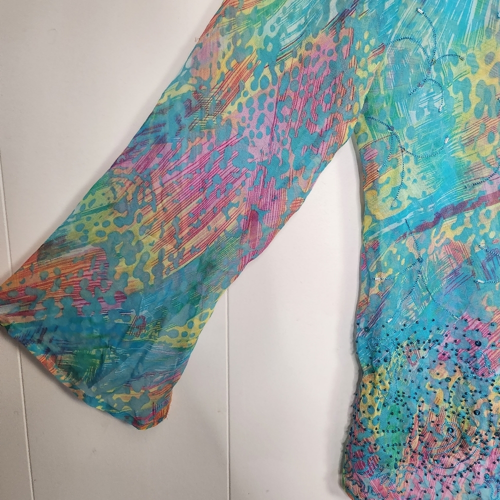 100% Silk DStudio Sheer Tunic Swim Cover-Up Top Boho Bohemian Summer Beaded - Picture 4 of 9
